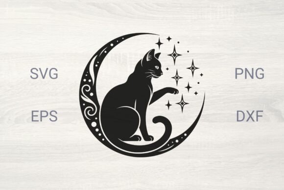 Decorative Moon with Black Cat and Stars